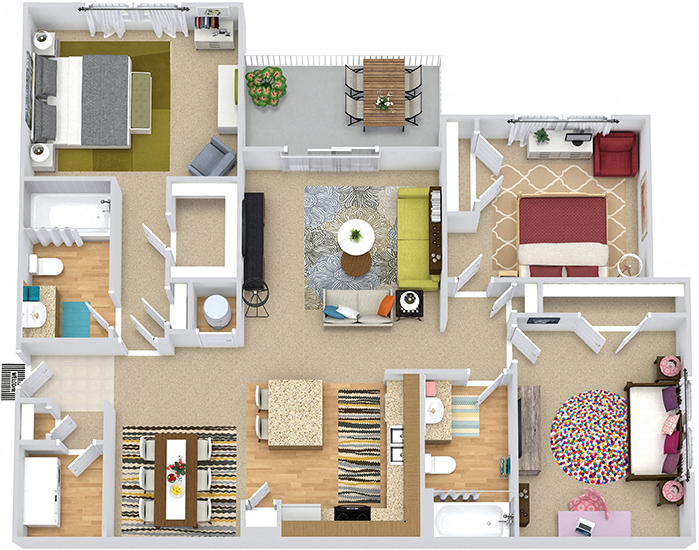 Floor plan for 3 beds, 2 baths, 1372 sqft